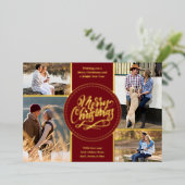 メリークリスマス4フォトコラージュ赤と金ゴールド 箔シーズンカード (立ち正面)
