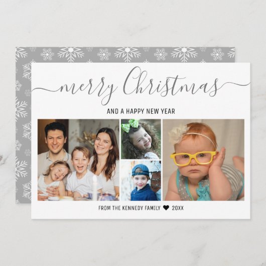 メリークリスマス4フォトコラージースシルバー雪 シーズンカード (正面/裏面)