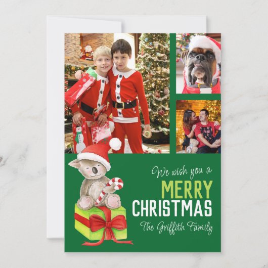 メリークリスマス4写真クマのギフトボックス緑 シーズンカード (正面)
