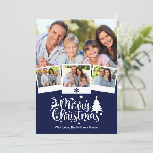 メリークリスマス4写真クリスマスネイビーブルー シーズンカード (スタンド正面)
