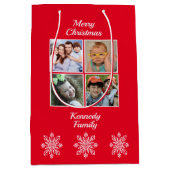 メリークリスマス4写真スノーフレーク家族の名前レッド ミディアムペーパーバッグ (正面)