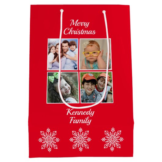 メリークリスマス4写真スノーフレーク家族の名前レッド ミディアムペーパーバッグ (裏面)