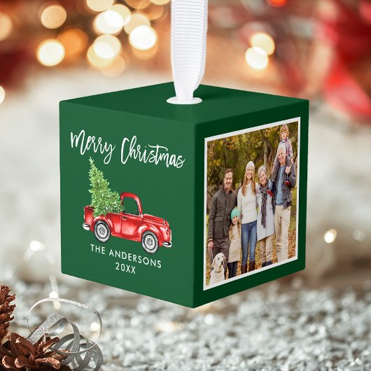 メリークリスマス4写真ヴィンテージレッドトラックグリーン キューブオーナメント
