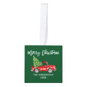 メリークリスマス4写真ヴィンテージレッドトラックグリーン キューブオーナメント (正面)