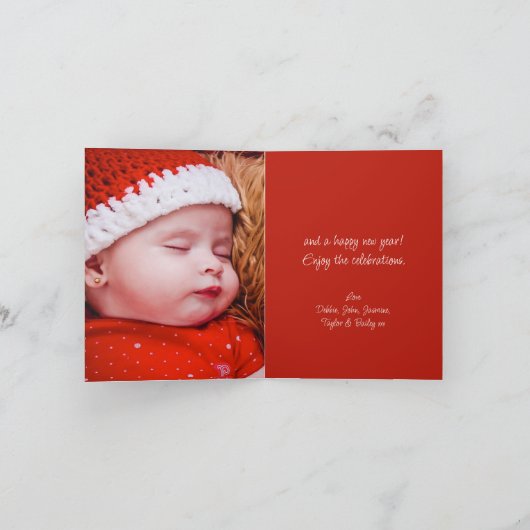 メリークリスマス4家族の写真は赤い箱の上に付いている シーズンカード (内部)