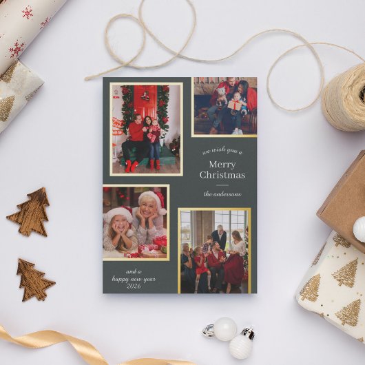 メリークリスマス4枚の写真クラシックストライプグリーン 箔シーズンカード