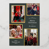 メリークリスマス4枚の写真クラシックストライプグリーン 箔シーズンカード (正面)