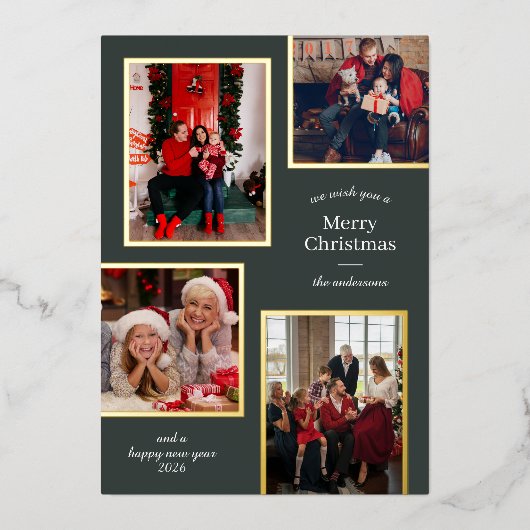 メリークリスマス4枚の写真クラシックストライプグリーン 箔シーズンカード (正面)