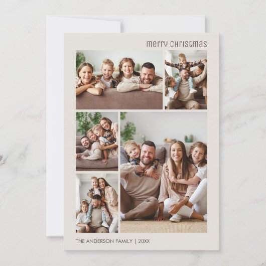 メリークリスマス5フォトコラージファミリーニュートラル シーズンカード (正面)