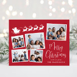 メリークリスマス5フォトコラージュサンタソリ シーズンポストカード<br><div class="desc">白い枠に散らばった写真の5枚のコラージュ、トナカイの白いシルエット飛んでいる、白い台本に「メリークリスマス」と書かれた白いタイポグラフィの名スタイリッシュ前を描いたフェスティバルレッドのホリデーカーシンプルドモダン。背面にカスタマイズはメッセージまたは手書きノートの空白のメッセージが表示される。</div>