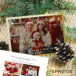 メリークリスマス5写真コラージュ金ゴールド 箔シーズンカード<br><div class="desc">シンプル5ミニマルつのタイポグラフィの家族の写真"メリーのクリスマスと幸せな新年"（変更可能）の文字は水平方向のクリスマスの休日のカードのテンプレートと金ゴールドの箔のフレームと雪実在片をオーバーレイカスタム。                     簡単は、写真、文字、名前の署名、および両方の側の希望でパーソナライズする！          ホイルの色は変更できる – 金ゴールド、バラ金ゴールドおよび銀の3つのオプションがある。</div>