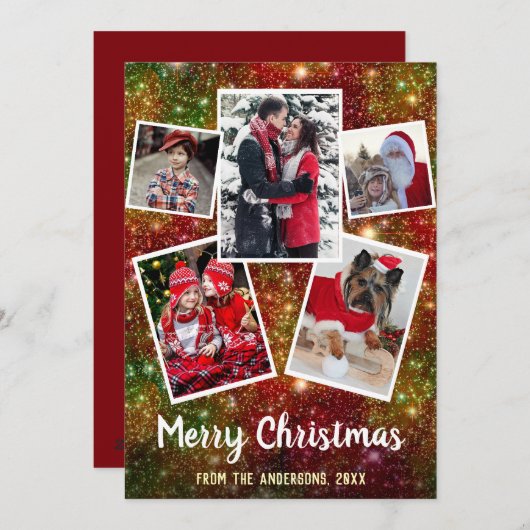 メリークリスマス5家族の写真コラージュ | きらめき シーズンカード (正面/裏面)