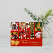 メリークリスマス5家族の写真松コーン赤金ゴールド 箔シーズンポストカード (立ち正面)