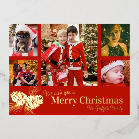 メリークリスマス5家族の写真松コーン赤金ゴールド 箔シーズンポストカード (正面)