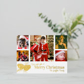 メリークリスマス5家族の写真金ゴールド松コーン 箔シーズンポストカード (立ち正面)