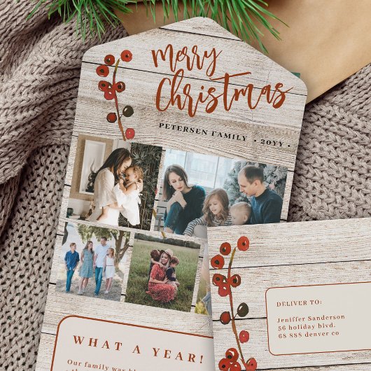 メリークリスマス5枚の写真素朴な木製のホリデーカード オールインワン招待状