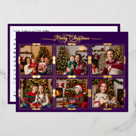 メリークリスマス6フレーム写真フロントパープル 箔シーズンカード