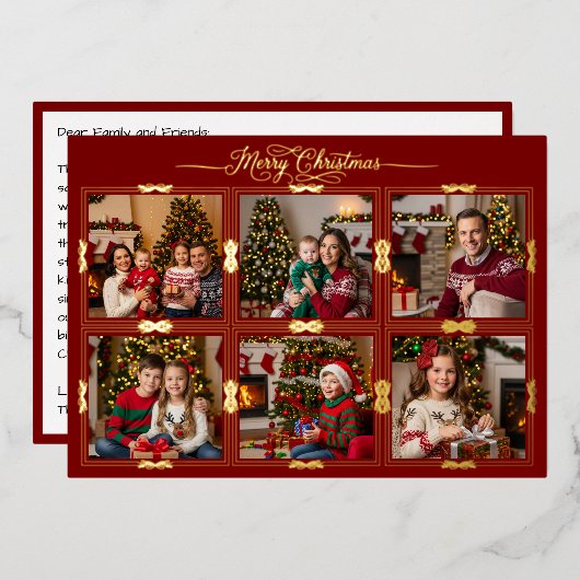 メリークリスマス6フレーム写真フロントレッド 箔シーズンカード (正面/裏面)