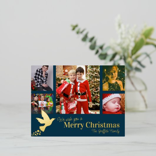 メリークリスマス6枚の写真ブルー飛んでいる鳩 箔シーズンポストカード (立ち正面)