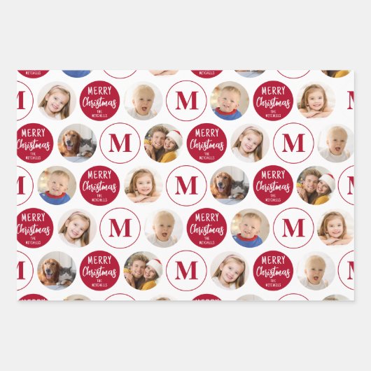 メリークリスマス6枚の写真モノグラムレッドホワイト ラッピングペーパーシート (正面3)