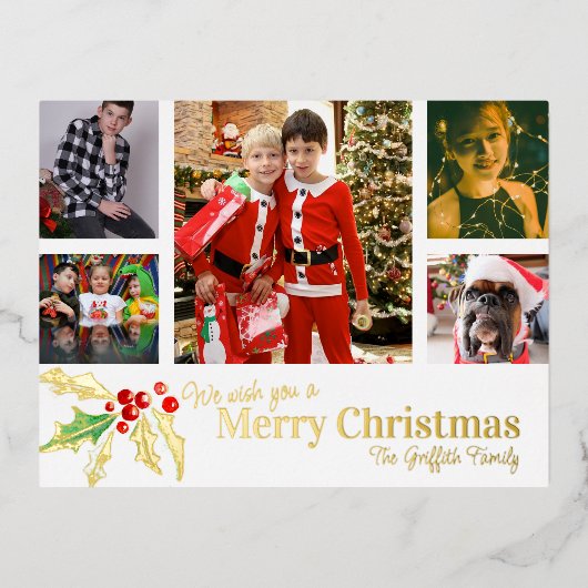 メリークリスマス6枚の写真白い赤い金ゴールド 箔シーズンポストカード (正面)