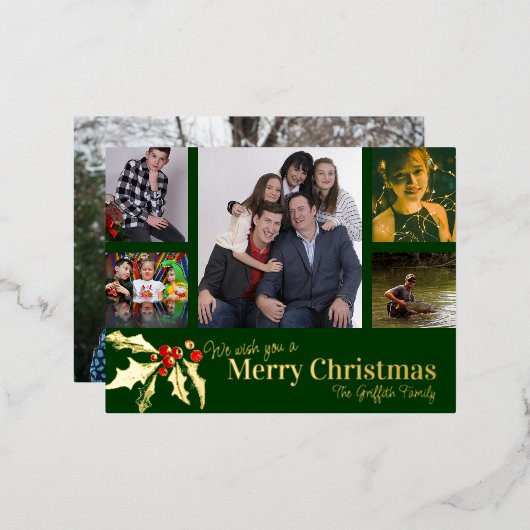 メリークリスマス6枚の写真赤い緑の金ゴールド 箔シーズンポストカード (正面/裏面)