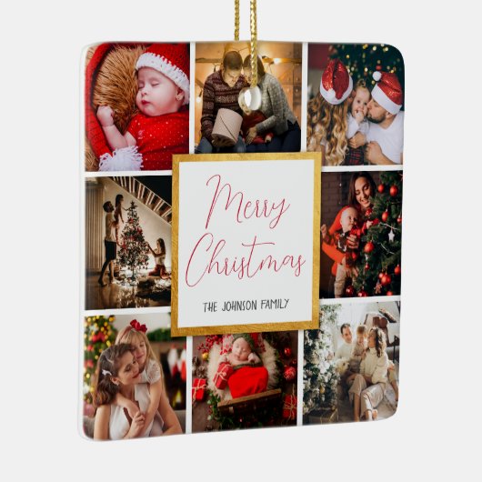メリークリスマス8写真ファミリーコラージュ金ゴールド枠 セラミックオーナメント (右)