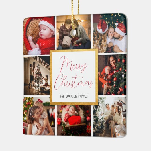 メリークリスマス8写真ファミリーコラージュ金ゴールド枠 セラミックオーナメント (左)