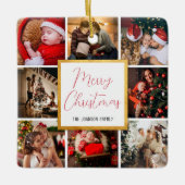 メリークリスマス8写真ファミリーコラージュ金ゴールド枠 セラミックオーナメント (正面)