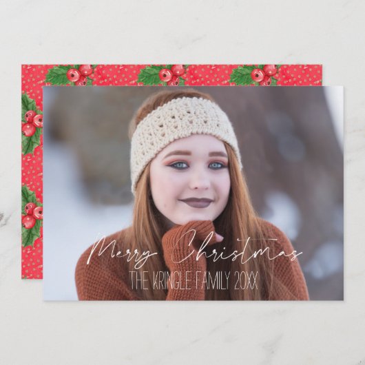 メリークリスマス、あなたの写真と家族の名前 シーズンカード (正面/裏面)