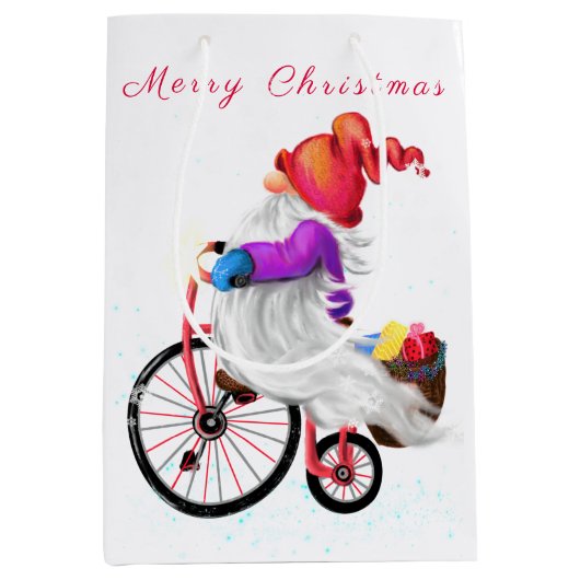 メリークリスマス – おもしろい格言、自転車と贈り物  ミディアムペーパーバッグ (正面)