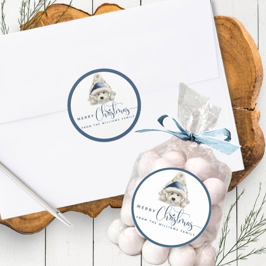 メリークリスマス、お祭り気分の子犬、青と白 ラウンドシール