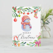 メリークリスマス.かわいいおもしろい水彩雪だるま シーズンカード (スタンド正面)