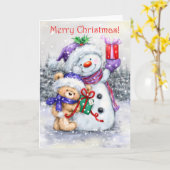 メリークリスマス、かわいいクマ可愛い雪だるま カード (黄色い花)