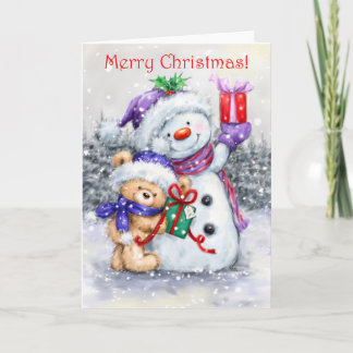 メリークリスマス、かわいいクマ可愛い雪だるま カード