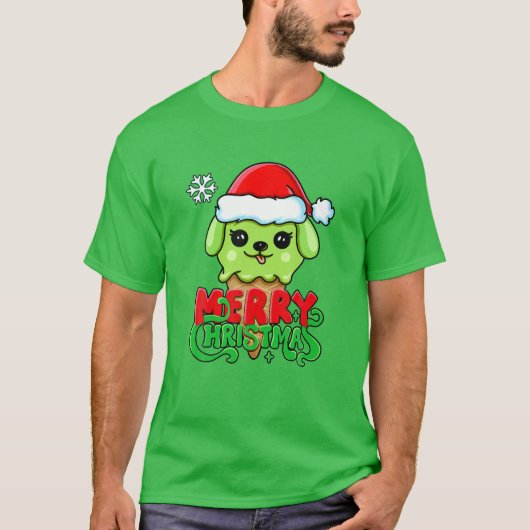 メリークリスマス、かわいいサンタ犬のアイスクリーム、マッチン Tシャツ (正面)