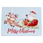 メリークリスマス、かわいいサンタ、そりとトナカイ ラージペーパーバッグ (正面)