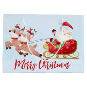 メリークリスマス、かわいいサンタ、そりとトナカイ ラージペーパーバッグ (裏面)