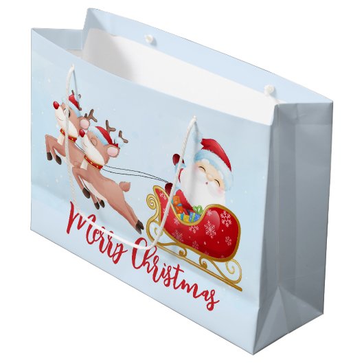 メリークリスマス、かわいいサンタ、そりとトナカイ ラージペーパーバッグ (正面アングル)