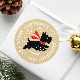 メリークリスマス かわいいスコティッシュ・テリア 名前入り ゴールド ラウンドシール