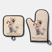 メリークリスマス かわいいホッキョクグマ デザイン 鍋つかみ&鍋敷きセット (正面)