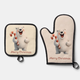メリークリスマス かわいいホッキョクグマ デザイン 鍋つかみ&鍋敷きセット
