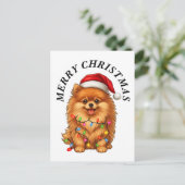 メリークリスマス かわいいポメラニアン 犬 サンタ帽子 シーズンポストカード (スタンド正面)