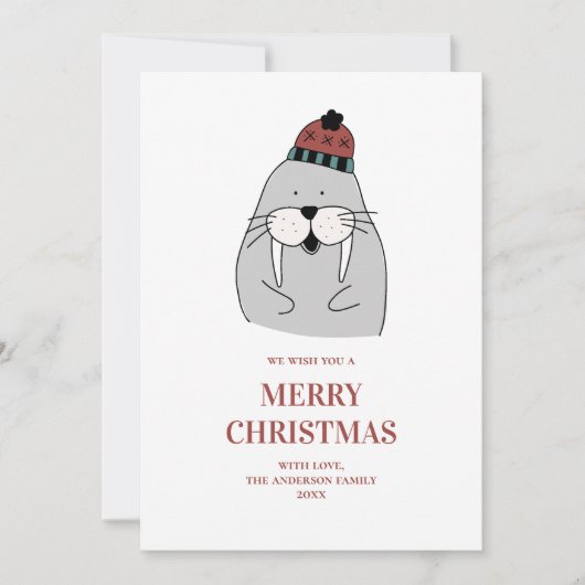 メリークリスマス.かわいい冬のセイウチ。おもしろい動物 シーズンカード (正面)