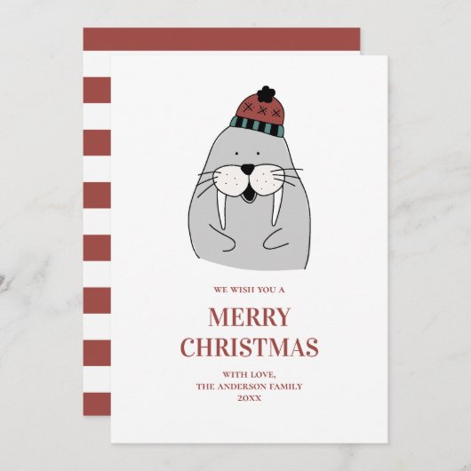 メリークリスマス.かわいい冬のセイウチ。おもしろい動物 シーズンカード (正面/裏面)