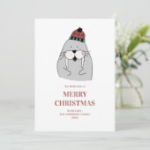メリークリスマス.かわいい冬のセイウチ。おもしろい動物 シーズンカード (スタンド正面)