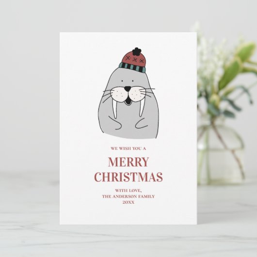 メリークリスマス.かわいい冬のセイウチ。おもしろい動物 シーズンカード (スタンド正面)