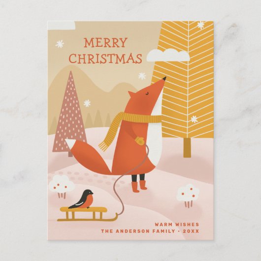 メリークリスマス.かわいい冬の森のキツネ シーズンポストカード (正面)