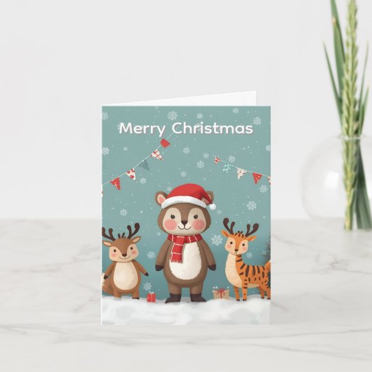 メリークリスマス かわいい動物 クリスマスカード サンキューカード (正面)