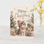 メリークリスマス かわいい子猫 グリーティングカード (黄色い花)
